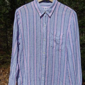 M GAP 100% Linen Oversized "Boyfriend Shirt" in Blue & Pink Stripe